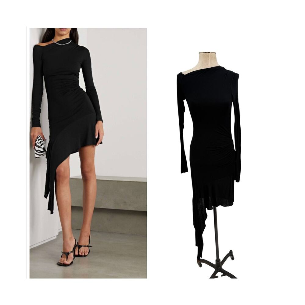 Helmut Lang Scala Asymmetric Ruched Jersey Mini Dress Black Long Sleeve Small